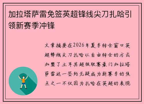 加拉塔萨雷免签英超锋线尖刀扎哈引领新赛季冲锋 加拉塔萨雷免签英超锋线尖刀扎哈引领新赛季冲锋